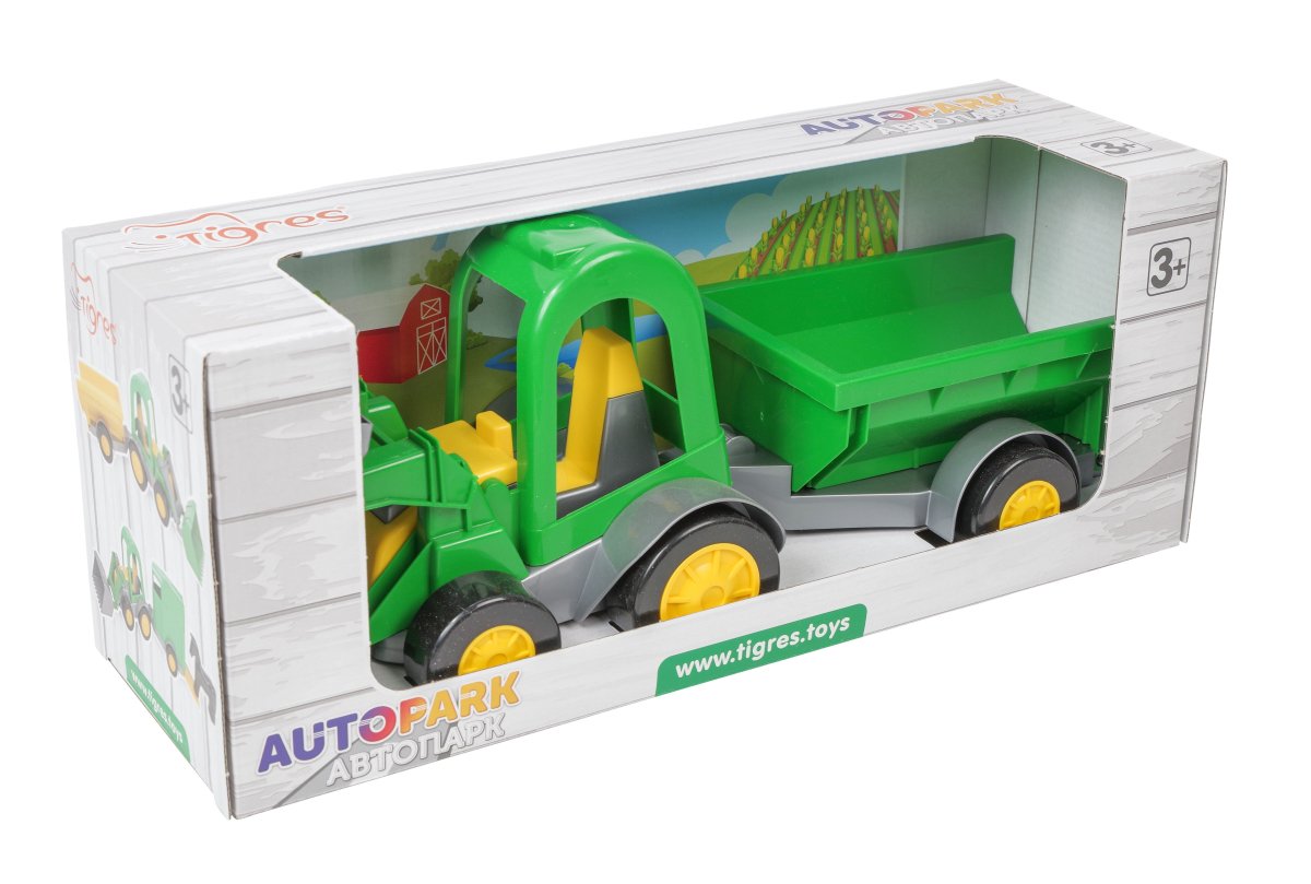 Ciągnik buggy z łyżką i przyczepą w pudełku