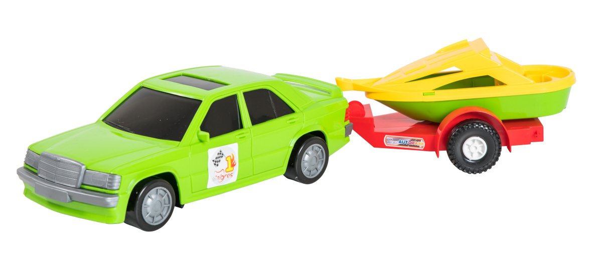 Czerwony Mercedes-Benz z przyczepą